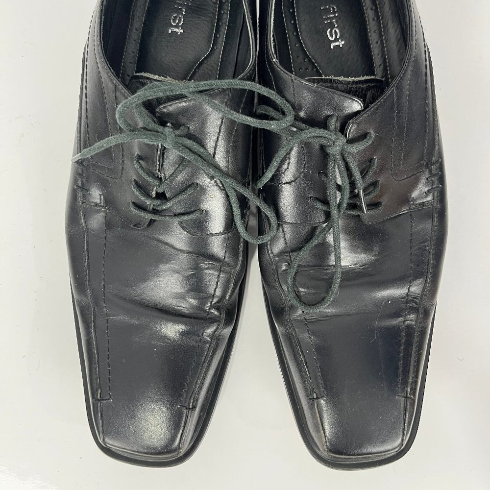 First Dress Shoes Men's Size 10 EU 43 Black Leather Block Heel Square Toe